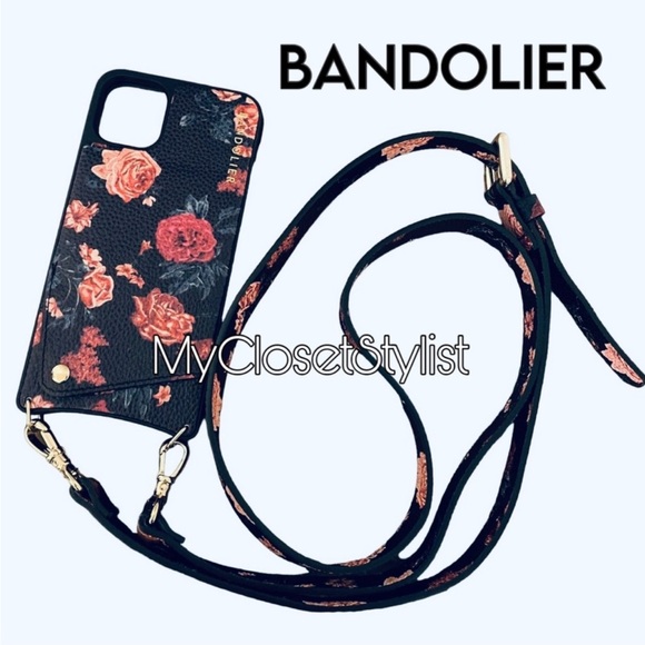 BANDOLIER Black Floral Gold 12 Pro Max! Crossbody Strap Wallet Case RARE SET - Picture 1 of 2